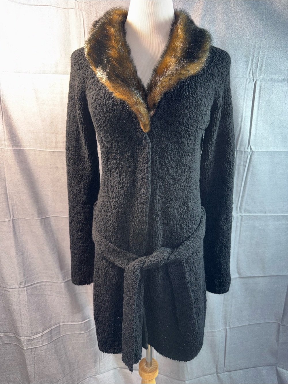 1424-Harold's Black Knit Trench Coat with Brown Faux Fur Collar
